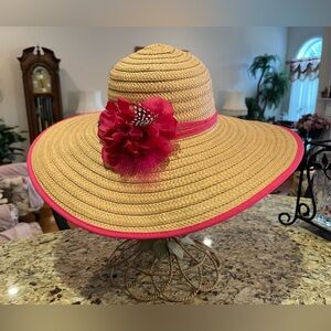 Wide Brim Straw Sun Hat with Pink Trim & Flower